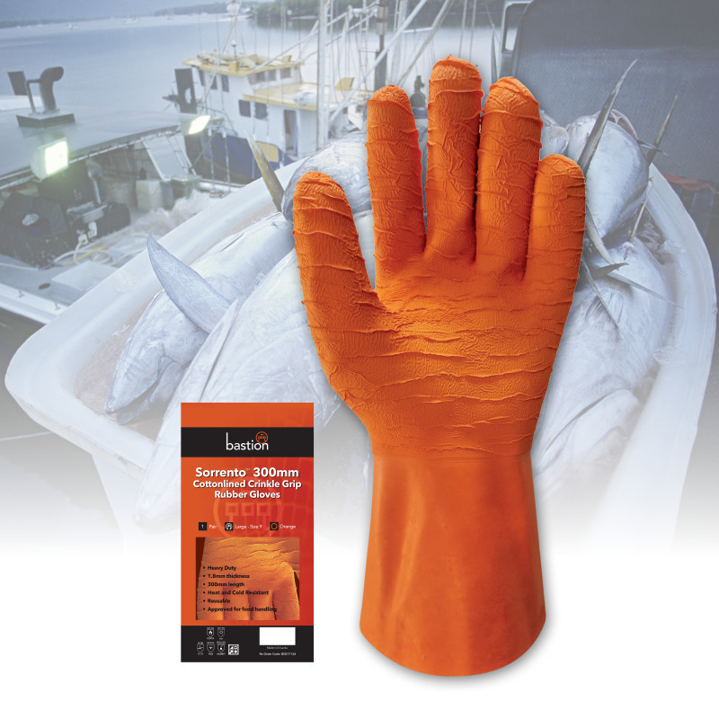 [BSG17133] Sorrento 300MM Cottonlined Rough Grip Orange Rubber Gloves (Medium)