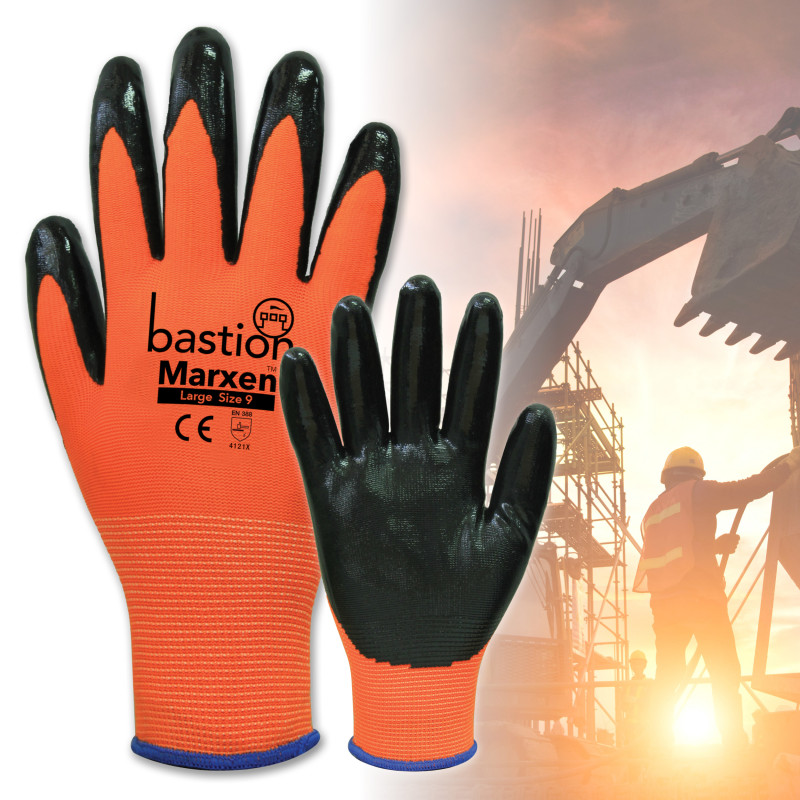 [BSG34122] Marxen High Viz Orange Polyester Gloves - Black Nitrile Coating (Small)