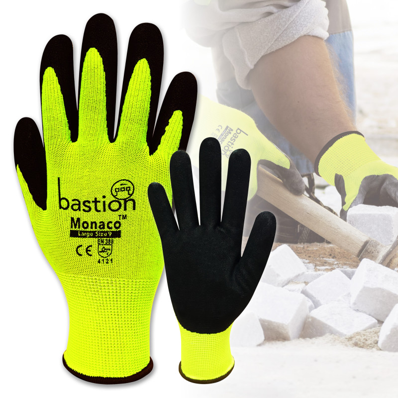 [BSG35122] Monaco Hi Viz Yellow Polyester Gloves - Black Sandy Foam Nitrile Coating (Small)