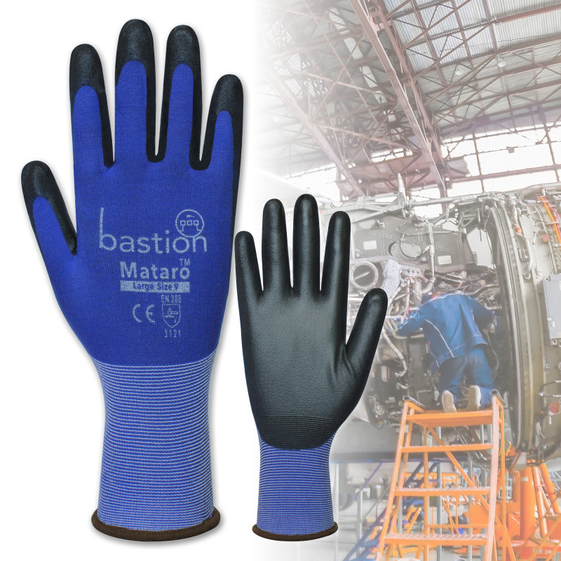 [BSG43522] Mataro Blue Nylon Gloves - Black Polyurethane Coating (Small)