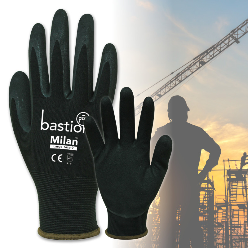 [BSG45122] Milan Black Nylon Gloves - Black Sandy Foam Nitrile Coating (Small)