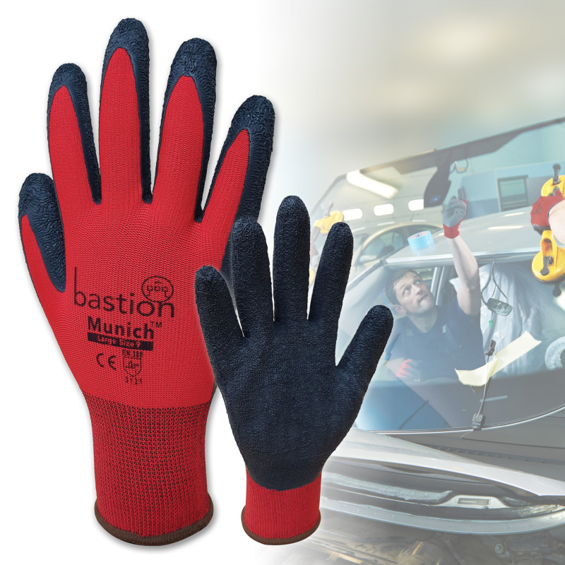 [BSG47122] Munich Red Nylon Gloves - Black Crinkled Latex Coating (Small)