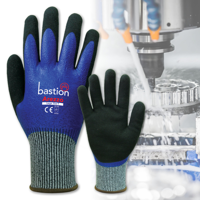 [BSG69133] Arezzo Cut 5 Grey HPPE Gloves - Blue Full Nitrile Coating with Black Sandy Foam Nitrile Coating (Medium)