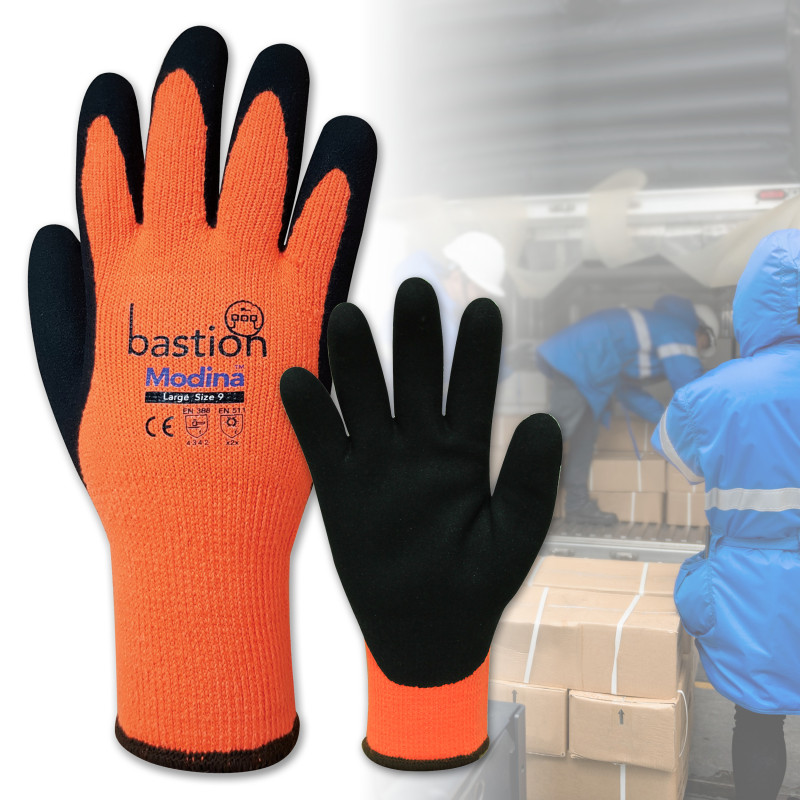 [BSG77633] Modina Cut 3 Orange Acrylic Thermal Gloves - Black Sandy Latex Coating (Medium)