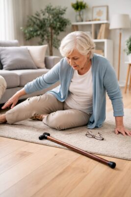An elderly woman has fallen within her home and her glasses and walking stick are on the floor beside her. A fall prevention aid may have prevented this fall.