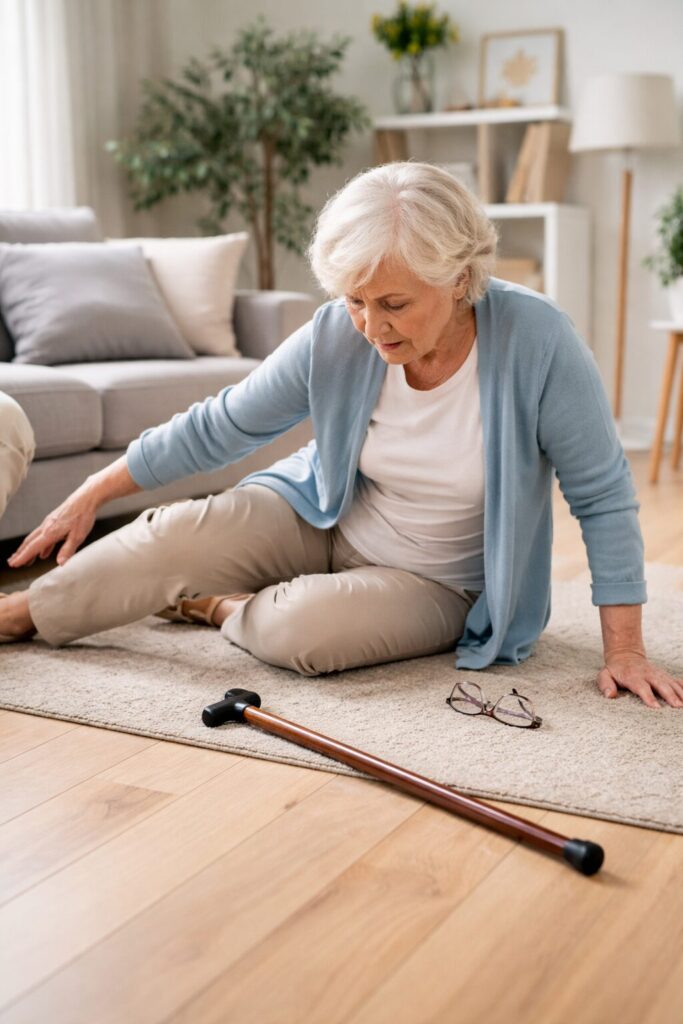 An elderly woman has fallen within her home and her glasses and walking stick are on the floor beside her. A fall prevention aid may have prevented this fall.