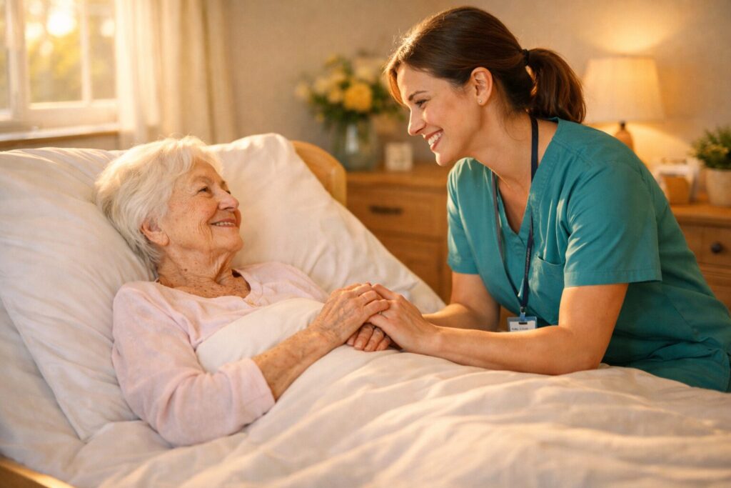 A caring nurse holding the hands of a pleasantly smiling elderly woman lying in a comfortable, warmly lit room.
